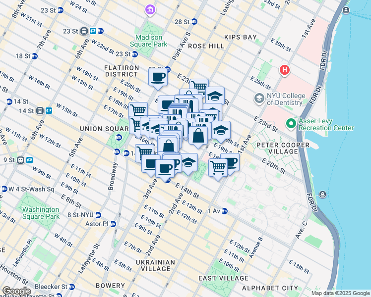 map of restaurants, bars, coffee shops, grocery stores, and more near 211 East 18th Street in New York