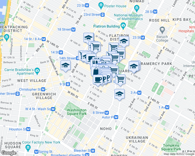 map of restaurants, bars, coffee shops, grocery stores, and more near 2 West 14th Street in New York
