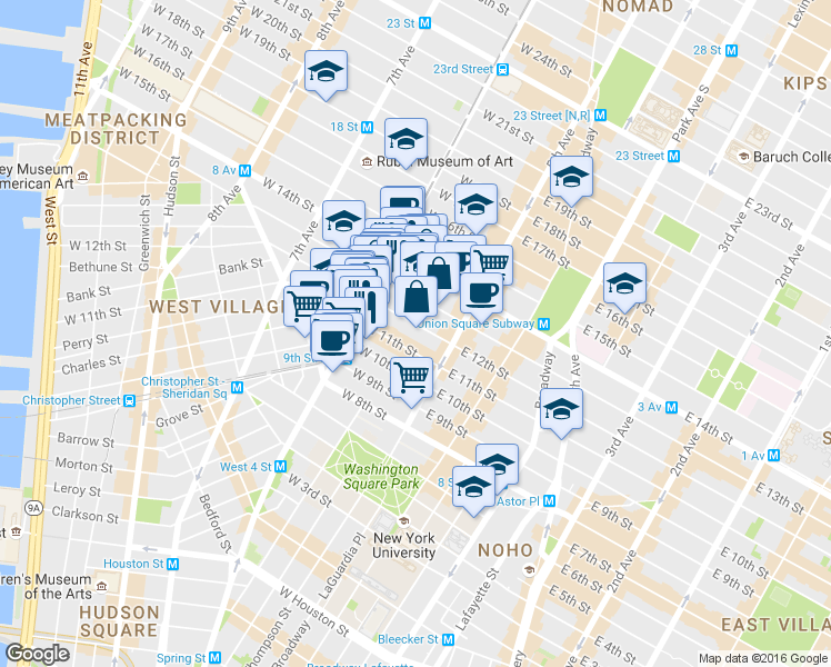 map of restaurants, bars, coffee shops, grocery stores, and more near 54 West 12th Street in New York