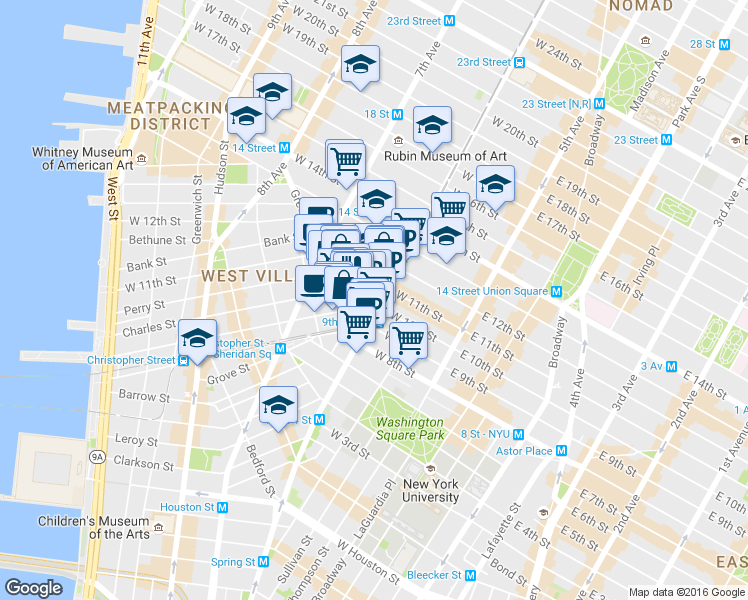 map of restaurants, bars, coffee shops, grocery stores, and more near 126 West 11th Street in New York