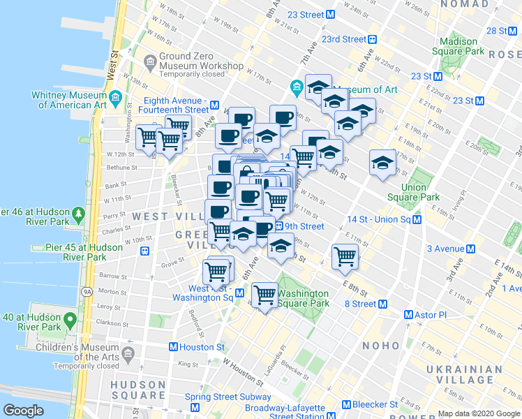 map of restaurants, bars, coffee shops, grocery stores, and more near 126 West 11th Street in New York