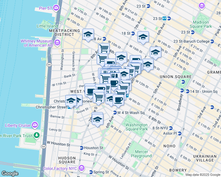map of restaurants, bars, coffee shops, grocery stores, and more near 70 Greenwich Avenue in New York