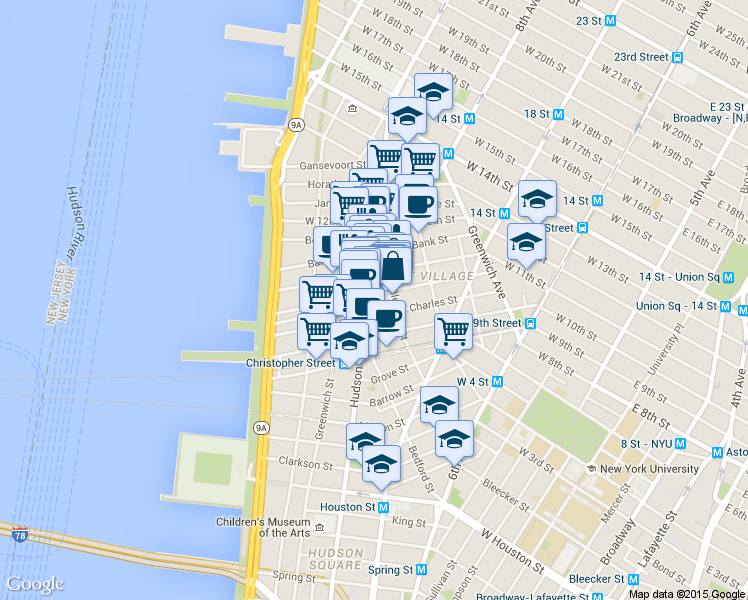 map of restaurants, bars, coffee shops, grocery stores, and more near 100 Perry Street in New York