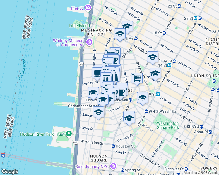 map of restaurants, bars, coffee shops, grocery stores, and more near 519 Hudson Street in New York