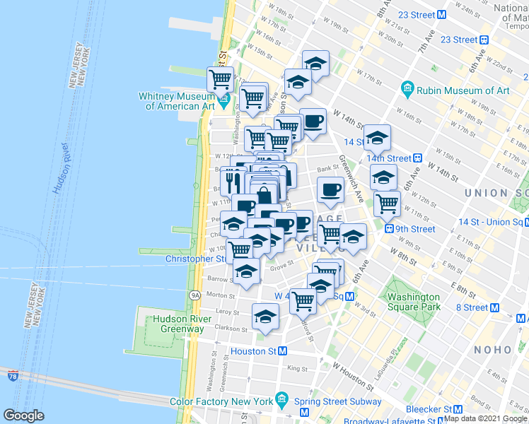 map of restaurants, bars, coffee shops, grocery stores, and more near 316 West 11th Street in New York