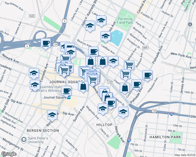 map of restaurants, bars, coffee shops, grocery stores, and more near 632 Summit Avenue in Jersey City