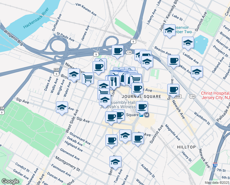 map of restaurants, bars, coffee shops, grocery stores, and more near 121 Tonnelle Avenue in Jersey City