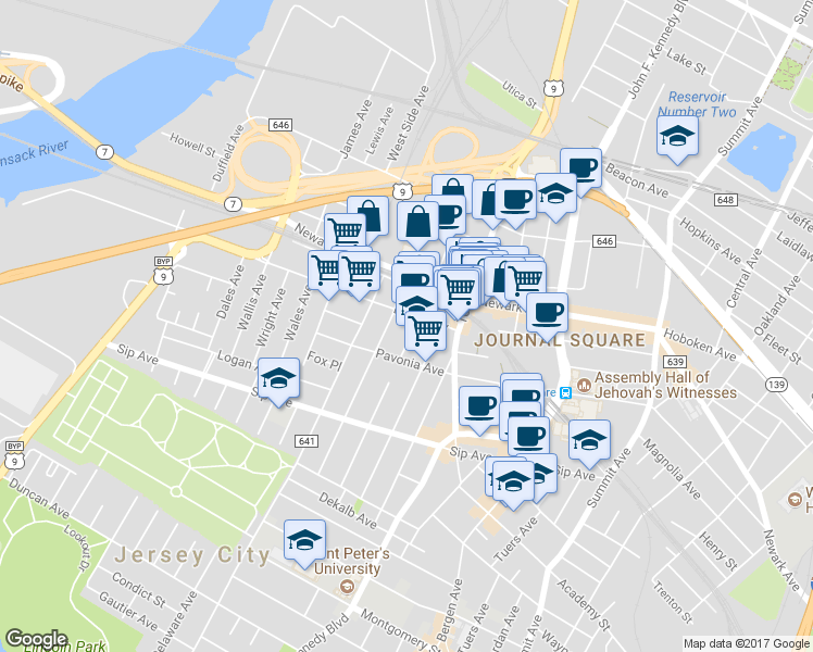 map of restaurants, bars, coffee shops, grocery stores, and more near 30 Broadway in Jersey City