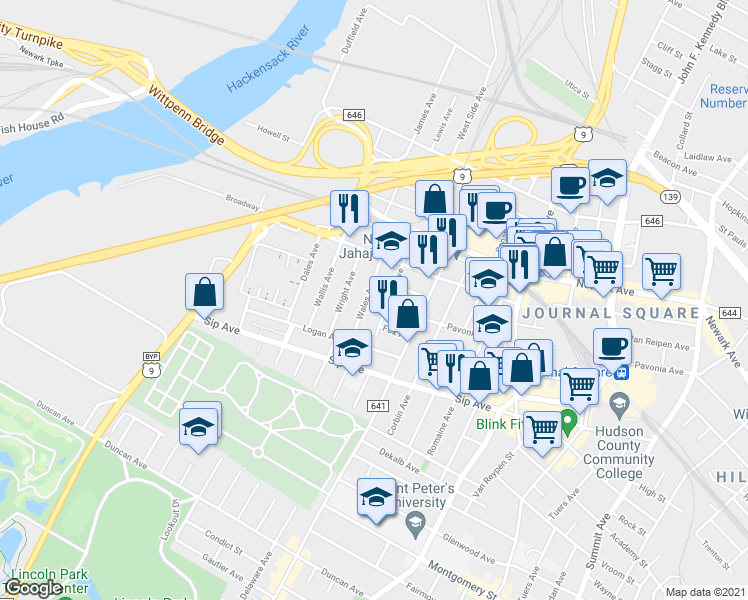 map of restaurants, bars, coffee shops, grocery stores, and more near 70 Wales Avenue in Jersey City