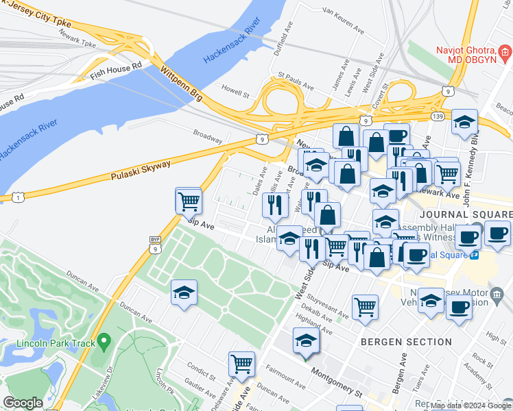 map of restaurants, bars, coffee shops, grocery stores, and more near 46 Dales Avenue in Jersey City