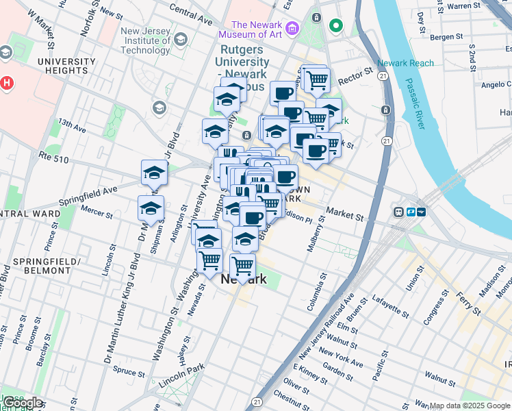 map of restaurants, bars, coffee shops, grocery stores, and more near in Newark