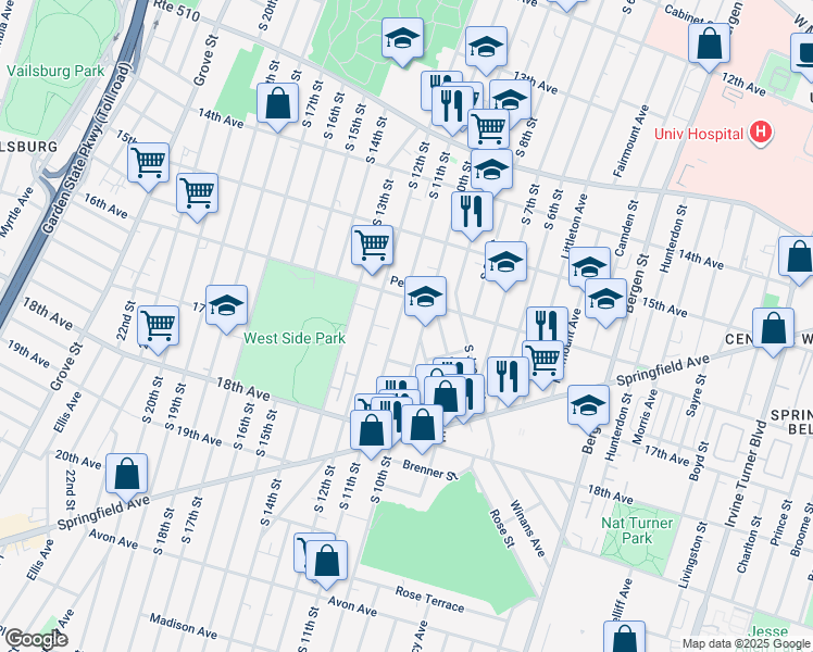 map of restaurants, bars, coffee shops, grocery stores, and more near 519 South 11th Street in Newark