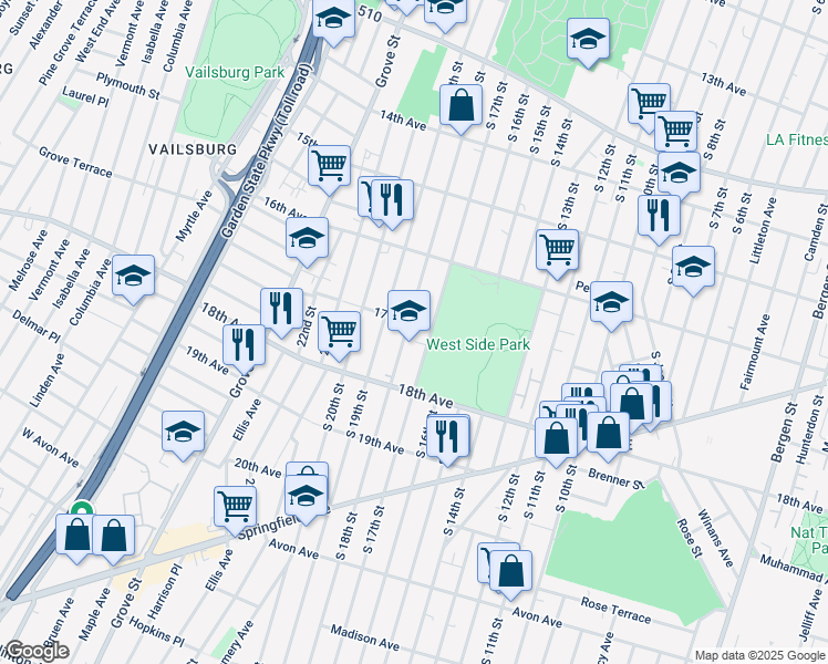 map of restaurants, bars, coffee shops, grocery stores, and more near 599 South 17th Street in Newark