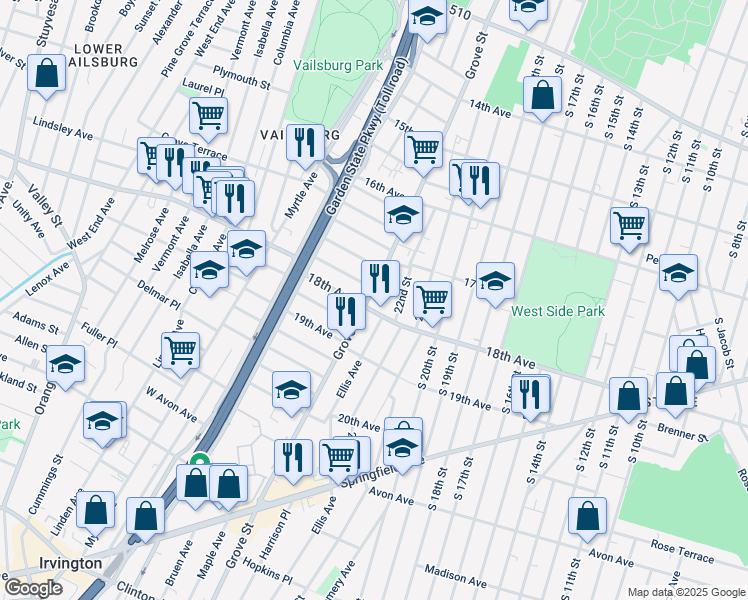 map of restaurants, bars, coffee shops, grocery stores, and more near 648 Grove Street in Irvington