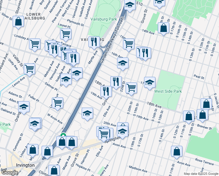 map of restaurants, bars, coffee shops, grocery stores, and more near 724 18th Avenue in Irvington