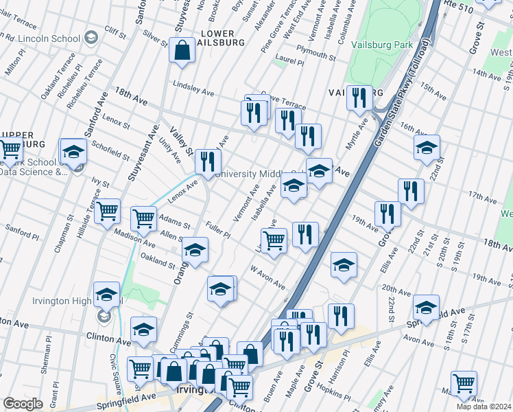 map of restaurants, bars, coffee shops, grocery stores, and more near 283 Isabella Avenue in Irvington
