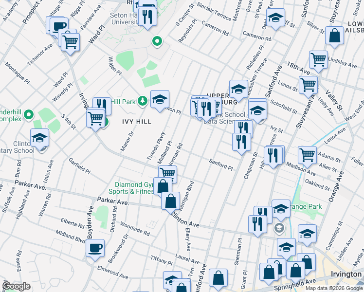map of restaurants, bars, coffee shops, grocery stores, and more near 144 Norman Road in Newark