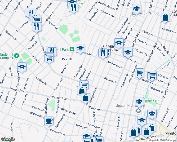 map of restaurants, bars, coffee shops, grocery stores, and more near 158 Midland Place in Newark