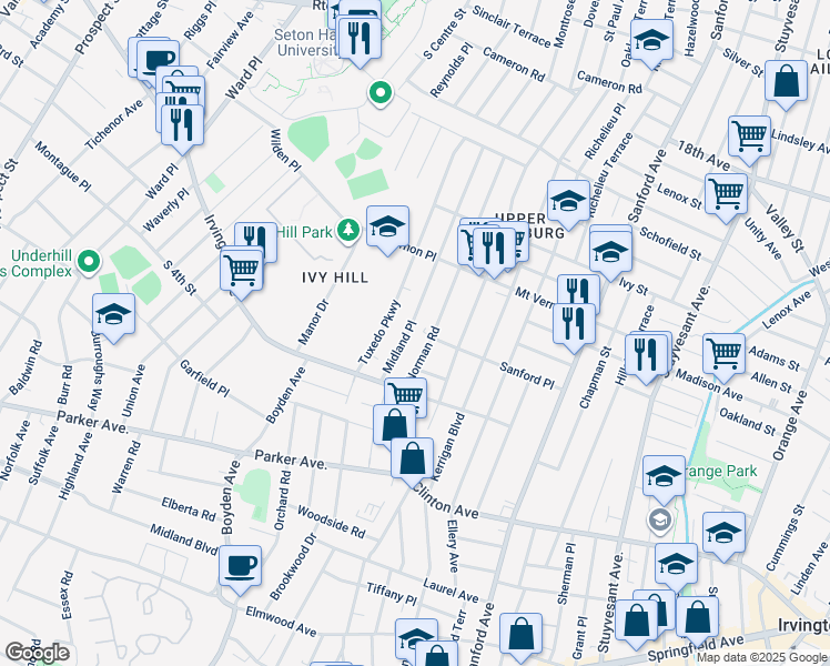 map of restaurants, bars, coffee shops, grocery stores, and more near 158 Midland Place in Newark
