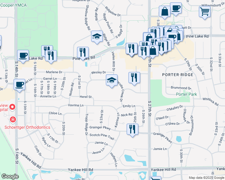 map of restaurants, bars, coffee shops, grocery stores, and more near 7230 Helen Witt Drive in Lincoln