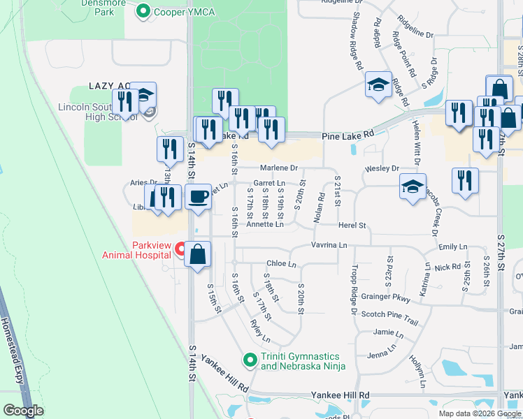 map of restaurants, bars, coffee shops, grocery stores, and more near 7330 South 17th Street in Lincoln