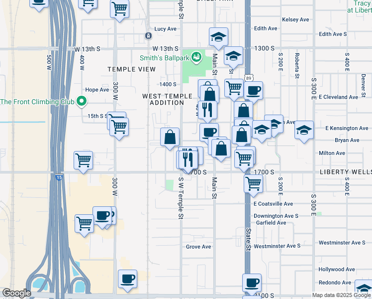 map of restaurants, bars, coffee shops, grocery stores, and more near 1558 South West Temple in Salt Lake City