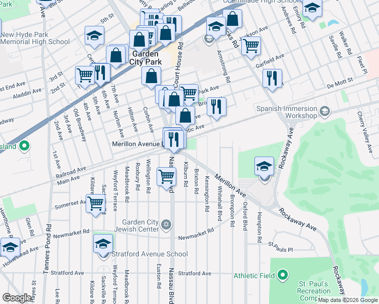 map of restaurants, bars, coffee shops, grocery stores, and more near 230 Brixton Road in Garden City