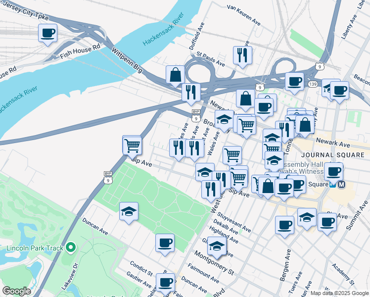 map of restaurants, bars, coffee shops, grocery stores, and more near 46 Dales Avenue in Jersey City