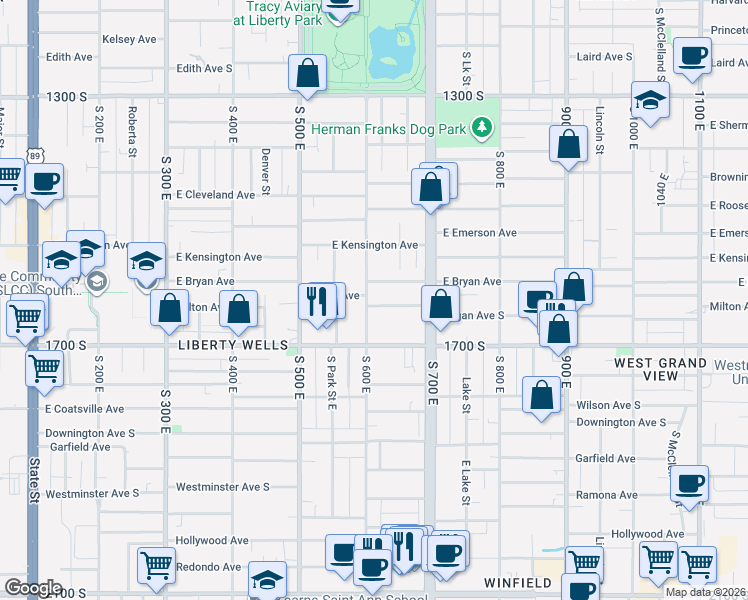 map of restaurants, bars, coffee shops, grocery stores, and more near 609 Milton Avenue in Salt Lake City