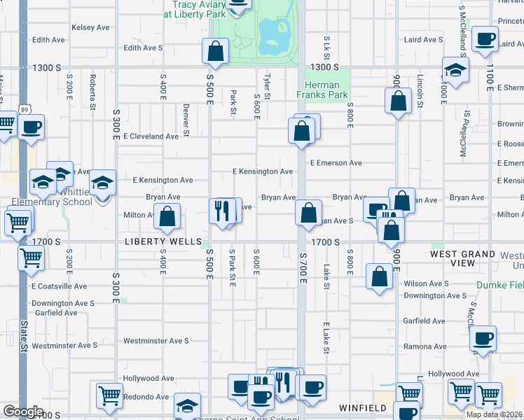map of restaurants, bars, coffee shops, grocery stores, and more near 609 Milton Avenue in Salt Lake City