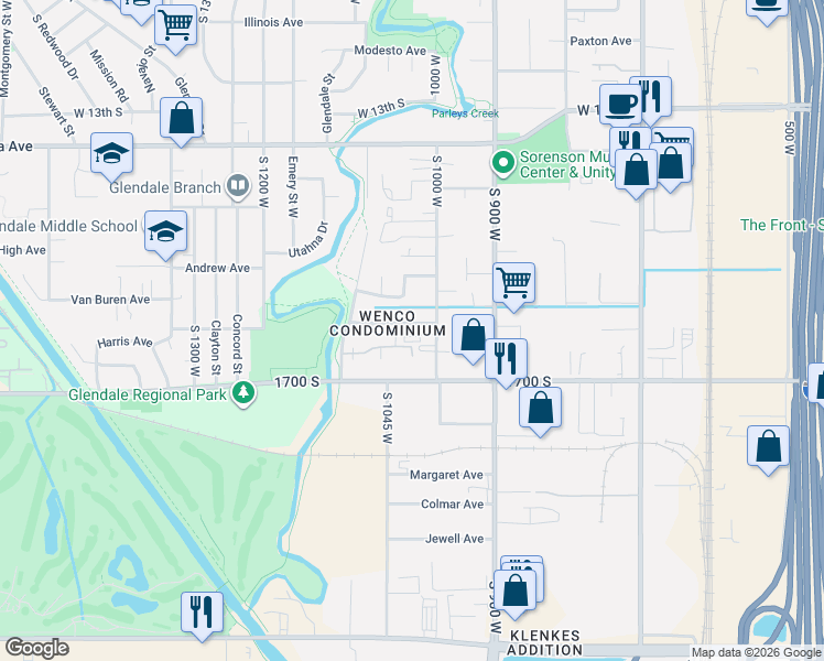 map of restaurants, bars, coffee shops, grocery stores, and more near 1035 West Wenco Circle in Salt Lake City