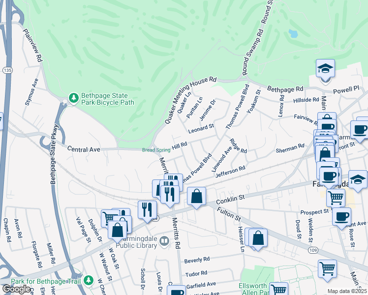 map of restaurants, bars, coffee shops, grocery stores, and more near 29 Hill Road in Farmingdale