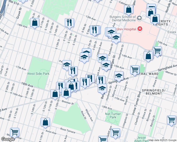map of restaurants, bars, coffee shops, grocery stores, and more near 370-380 South 7th Street in Newark