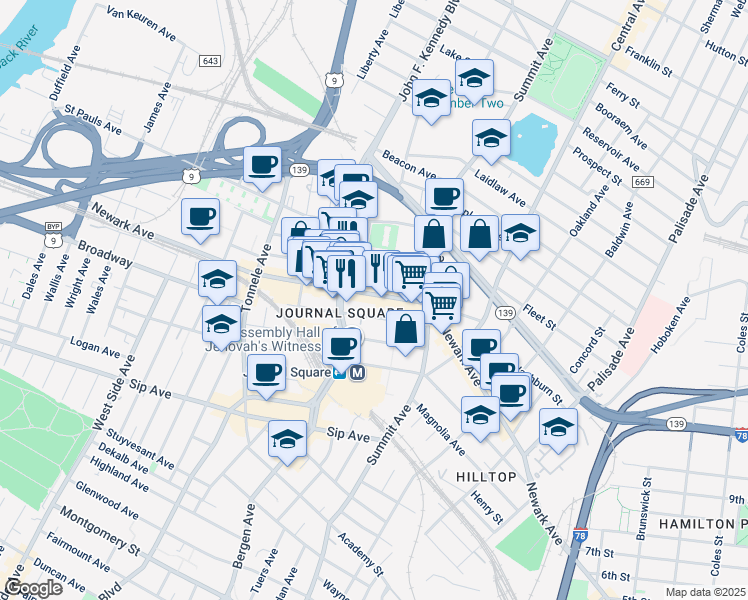 map of restaurants, bars, coffee shops, grocery stores, and more near 700 Newark Avenue in Jersey City