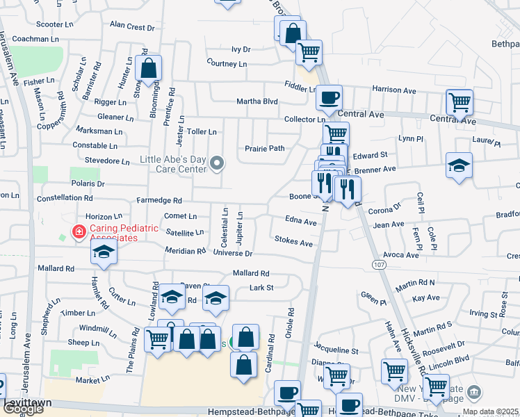 map of restaurants, bars, coffee shops, grocery stores, and more near 43 Farmedge Road in Levittown