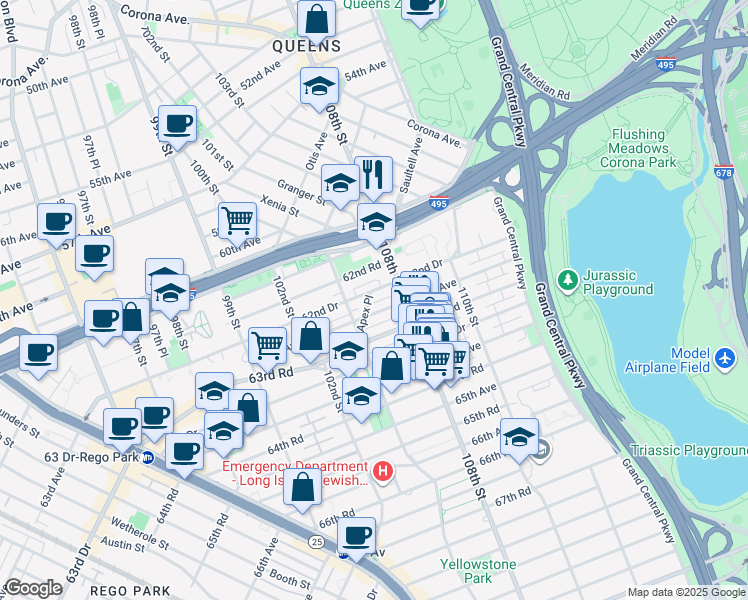 map of restaurants, bars, coffee shops, grocery stores, and more near 105-25 62nd Drive in Queens