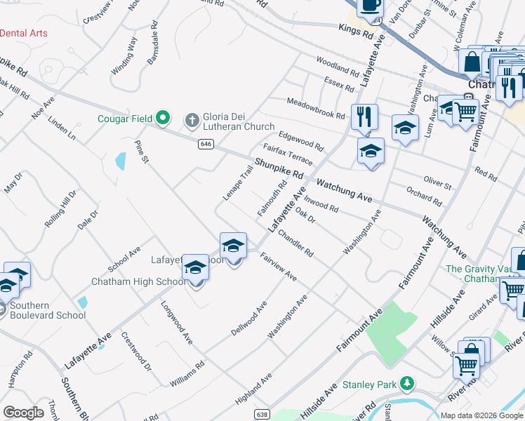 map of restaurants, bars, coffee shops, grocery stores, and more near 20 Falmouth Road in Chatham Township