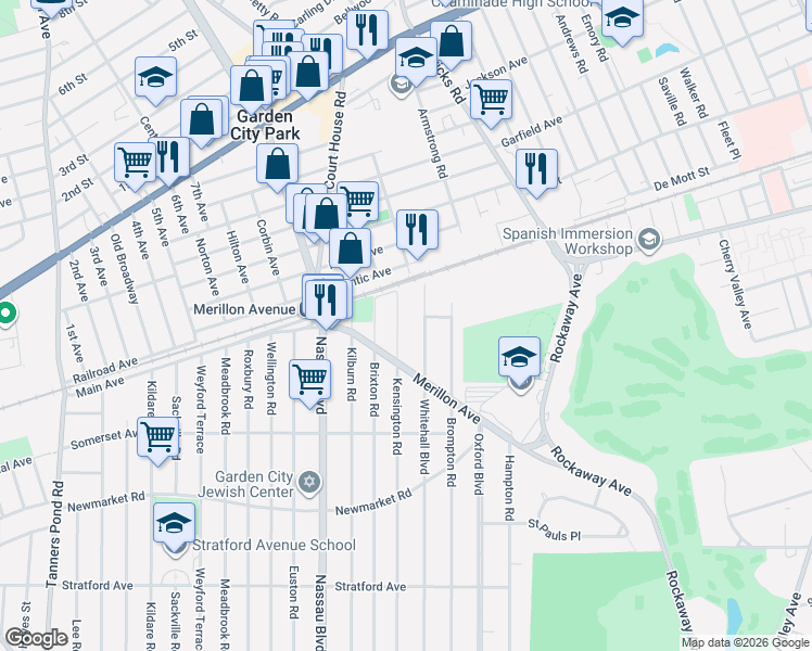 map of restaurants, bars, coffee shops, grocery stores, and more near 231 Kensington Road in Garden City