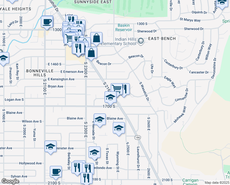 map of restaurants, bars, coffee shops, grocery stores, and more near 1597 Foothill Drive in Salt Lake City