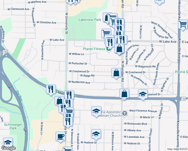 map of restaurants, bars, coffee shops, grocery stores, and more near 3910 North 12 Oaks Drive in Peoria