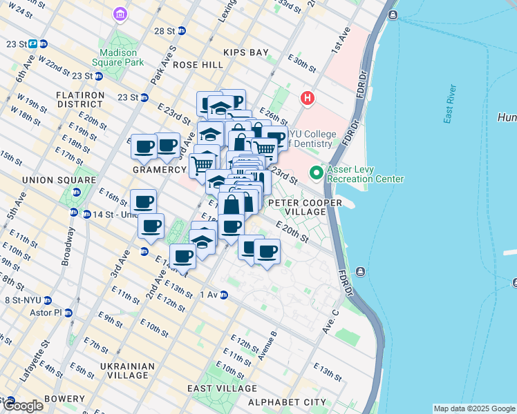 map of restaurants, bars, coffee shops, grocery stores, and more near 350 1st Avenue in New York