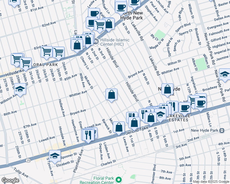 map of restaurants, bars, coffee shops, grocery stores, and more near 571 North 3rd Street in New Hyde Park