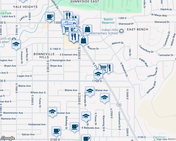 map of restaurants, bars, coffee shops, grocery stores, and more near 2353 Logan Circle in Salt Lake City