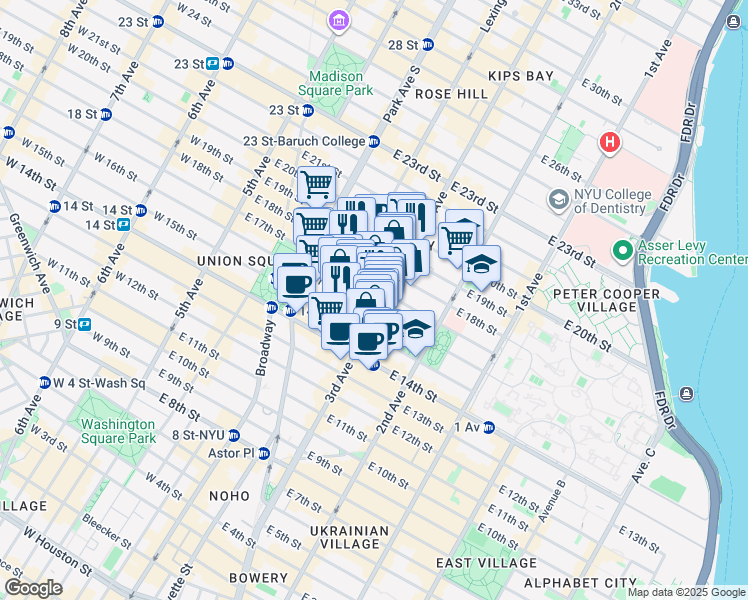 map of restaurants, bars, coffee shops, grocery stores, and more near 166 3rd Avenue in New York