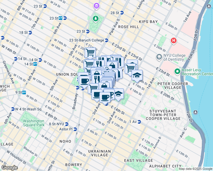 map of restaurants, bars, coffee shops, grocery stores, and more near 166 3rd Avenue in New York