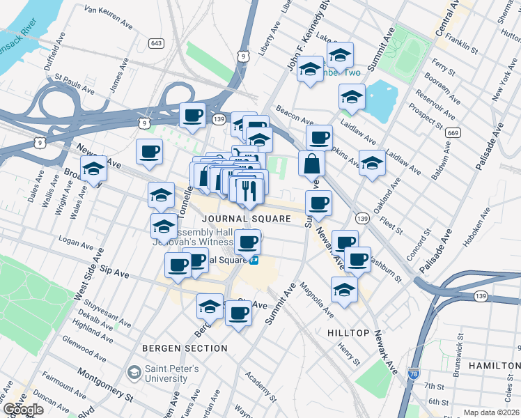 map of restaurants, bars, coffee shops, grocery stores, and more near 30 John F. Kennedy Boulevard in Jersey City