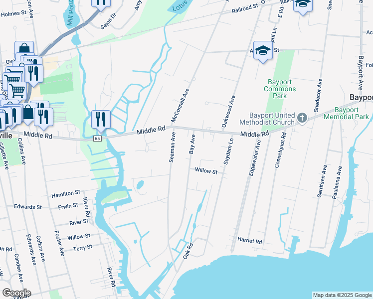 map of restaurants, bars, coffee shops, grocery stores, and more near 33 Seaman Avenue in Bayport