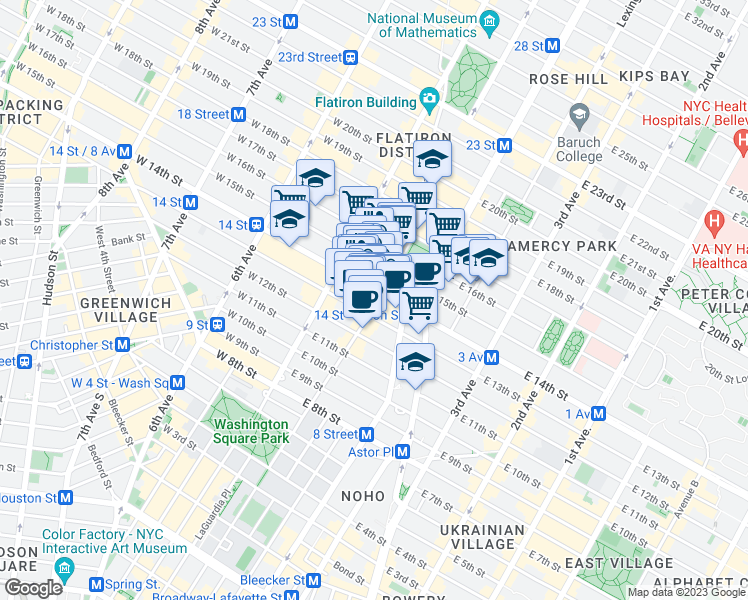map of restaurants, bars, coffee shops, grocery stores, and more near 19 Union Square West in New York