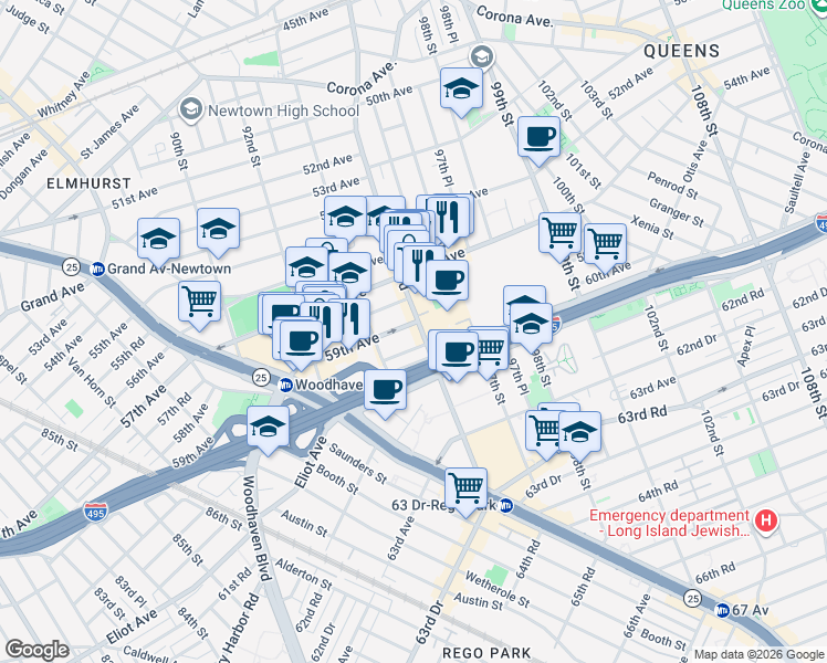 map of restaurants, bars, coffee shops, grocery stores, and more near 94-25 58th Avenue in Queens