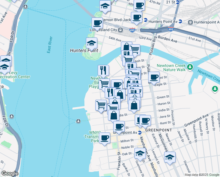 map of restaurants, bars, coffee shops, grocery stores, and more near 5 Commercial Street in Brooklyn